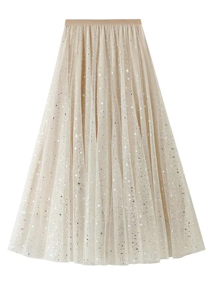 LANMREM Sequin Star Gauze Skirts For Women High Elastic Waist Elegant Skirts 2025 New Spring Female Sweet Clothing 2Q1129