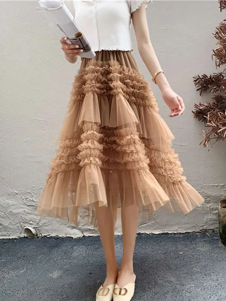LANMREM Irregular Mesh Skirts For Women High Elastic Waist Solid Color Luxury Party Clothing 2024 Spring Summer New 2DA4901