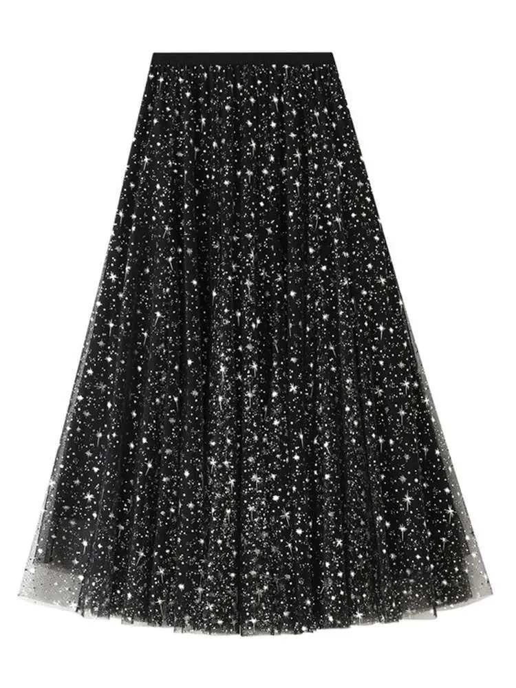 LANMREM Sequin Star Gauze Skirts For Women High Elastic Waist Elegant Skirts 2025 New Spring Female Sweet Clothing 2Q1129