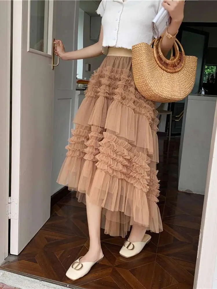 LANMREM Irregular Mesh Skirts For Women High Elastic Waist Solid Color Luxury Party Clothing 2024 Spring Summer New 2DA4901