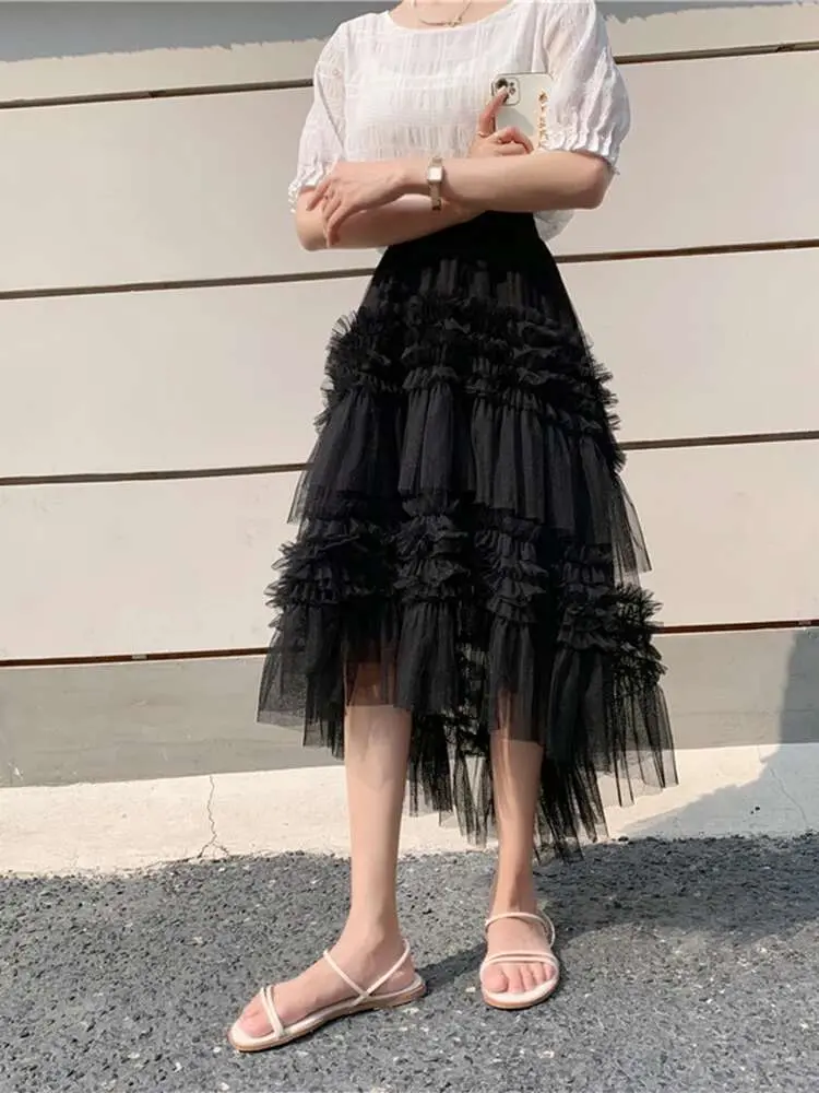 LANMREM Irregular Mesh Skirts For Women High Elastic Waist Solid Color Luxury Party Clothing 2024 Spring Summer New 2DA4901