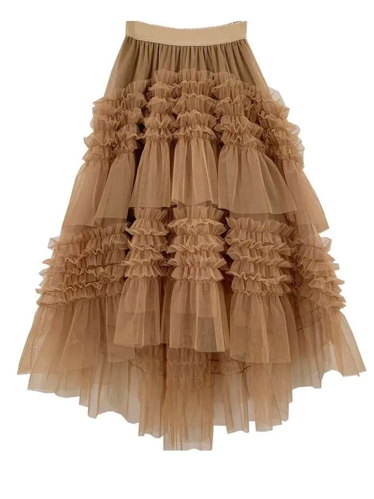 LANMREM Irregular Mesh Skirts For Women High Elastic Waist Solid Color Luxury Party Clothing 2024 Spring Summer New 2DA4901