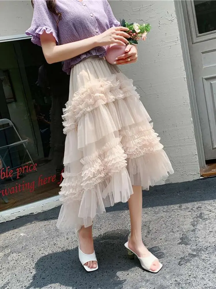 LANMREM Irregular Mesh Skirts For Women High Elastic Waist Solid Color Luxury Party Clothing 2024 Spring Summer New 2DA4901