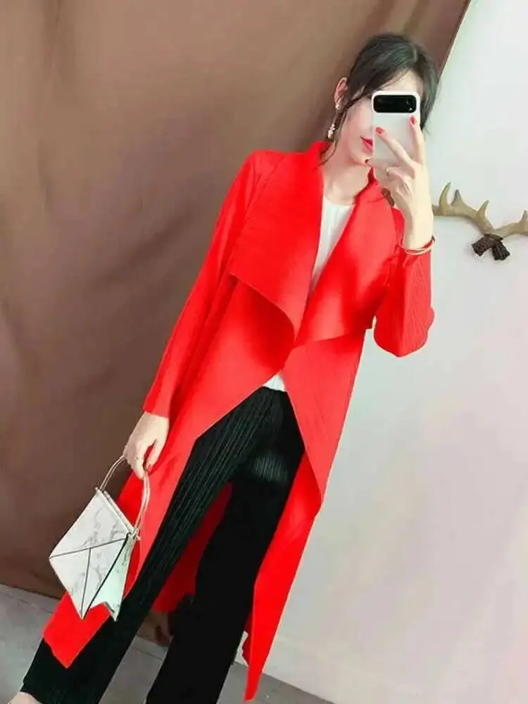 LANMREM Pleated Trench Coat For Women Lapel Long Sleeves Solid Color Loose Cardigan Outwear Clothing 2025 Spring Summer 2D1612