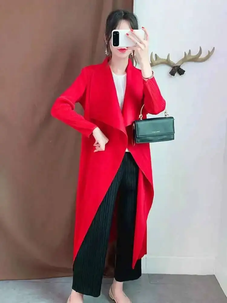 LANMREM Pleated Trench Coat For Women Lapel Long Sleeves Solid Color Loose Cardigan Outwear Clothing 2025 Spring Summer 2D1612