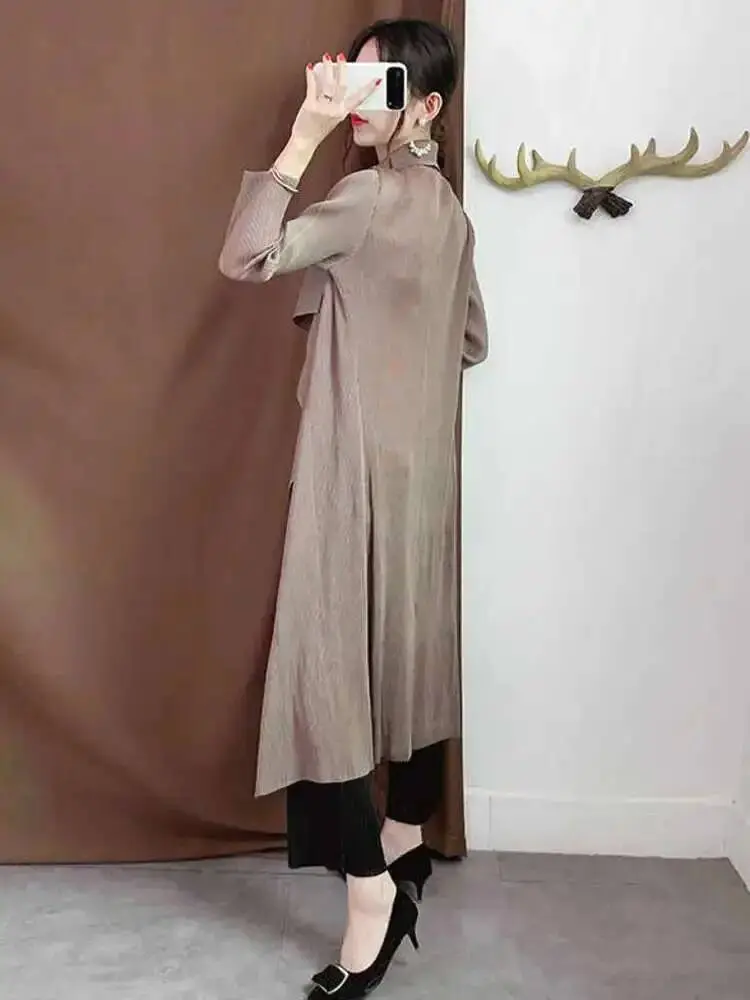 LANMREM Pleated Trench Coat For Women Lapel Long Sleeves Solid Color Loose Cardigan Outwear Clothing 2025 Spring Summer 2D1612