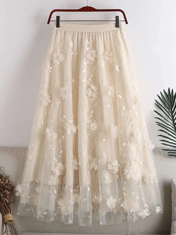 LANMREM Embroidered Floral Spliced Mesh Skirt Women Casual Elastic High Waist A-line Skirts Fashion 2025 Spring New 2AA2763