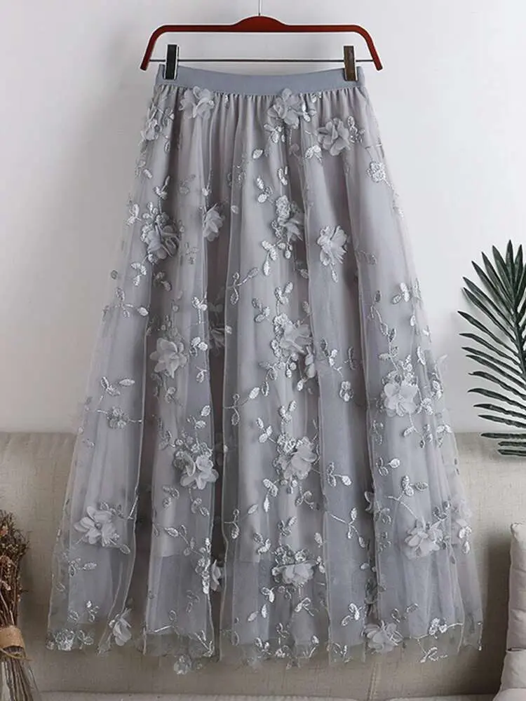LANMREM Embroidered Floral Spliced Mesh Skirt Women Casual Elastic High Waist A-line Skirts Fashion 2025 Spring New 2AA2763