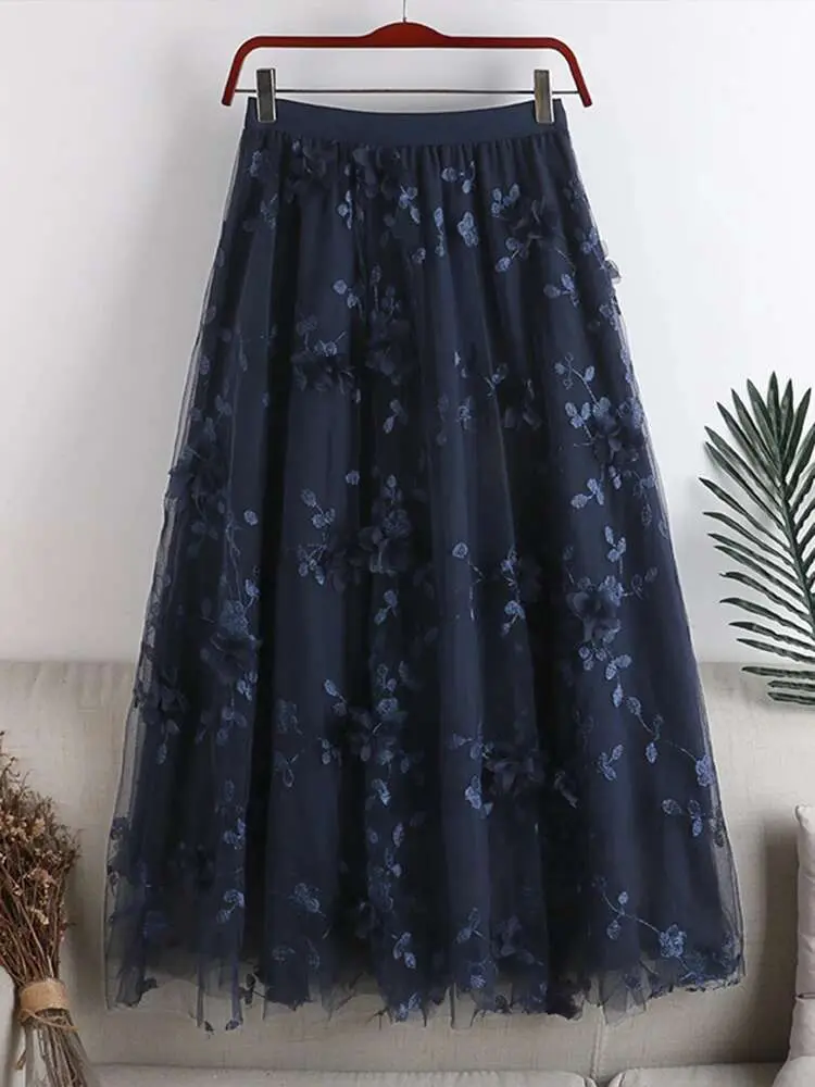 LANMREM Embroidered Floral Spliced Mesh Skirt Women Casual Elastic High Waist A-line Skirts Fashion 2025 Spring New 2AA2763