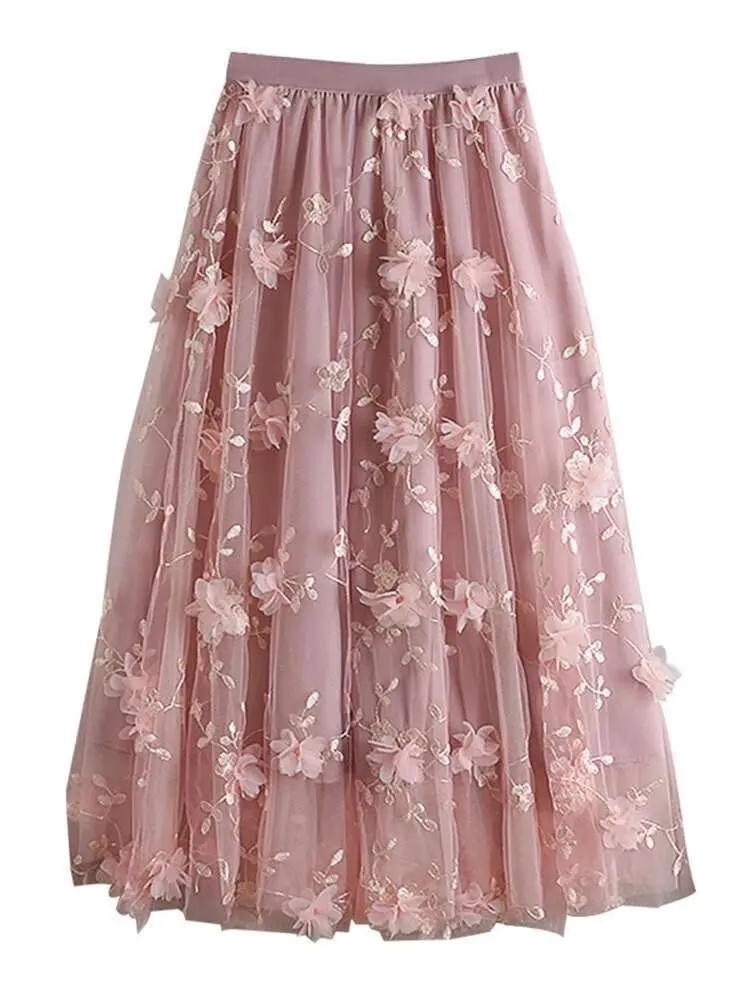 LANMREM Embroidered Floral Spliced Mesh Skirt Women Casual Elastic High Waist A-line Skirts Fashion 2025 Spring New 2AA2763