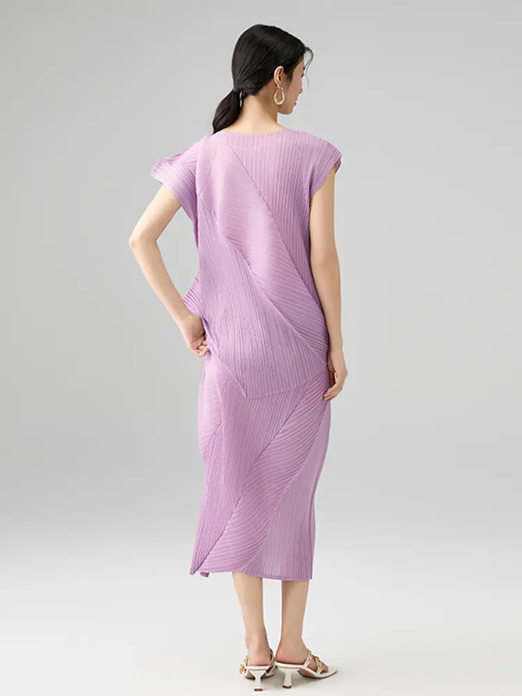 LANMREM Pleated Irregular Purple Two Pieces Sets For Women Temperament O-neck Sleeveless T-shirt And Elastic Waist Skirt 2DB2856