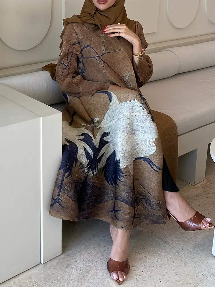 LANMREM Pleated Brown Robe Folded Fashion Versatile Lightweight Windbreaker Loose Casual Long Coat Cloak Printed Female 2DB3518
