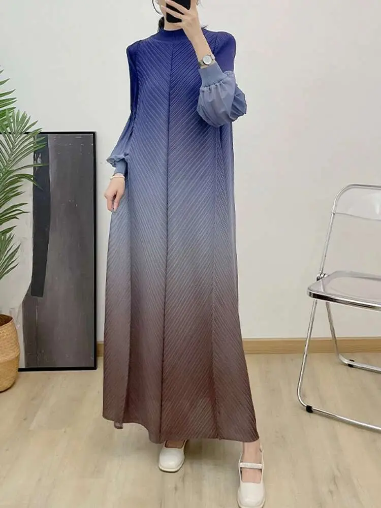 LANMREM Prom Dress For Women Gradient Long Sleeves Maxi Pleated Print Dresses 2024 Spring New Female Fashion Clothing 2DA3612