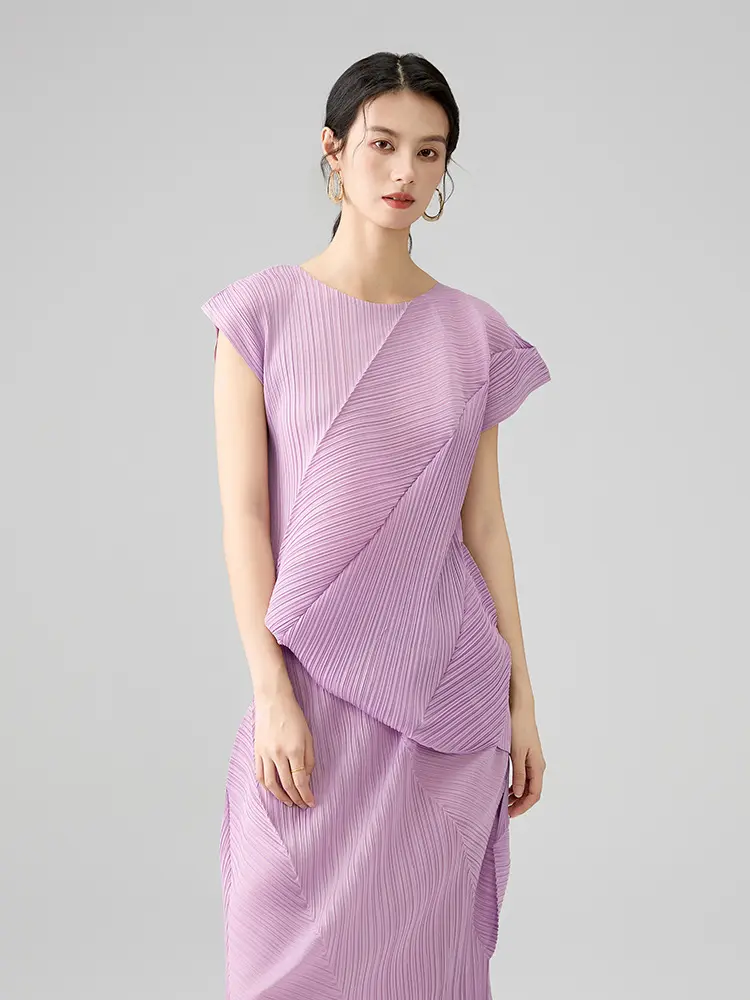 LANMREM Pleated Irregular Purple Two Pieces Sets For Women Temperament O-neck Sleeveless T-shirt And Elastic Waist Skirt 2DB2856