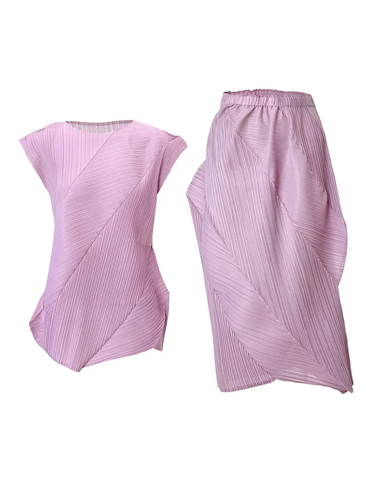 LANMREM Pleated Irregular Purple Two Pieces Sets For Women Temperament O-neck Sleeveless T-shirt And Elastic Waist Skirt 2DB2856
