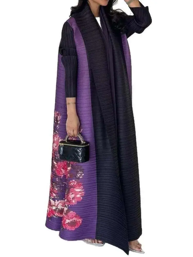 LANMREM Women's Elegant Pleated Trench Coat Muslim Clothing Lapel Print Long Windbreaker Female Fashion Tide 2025 New 2DE758