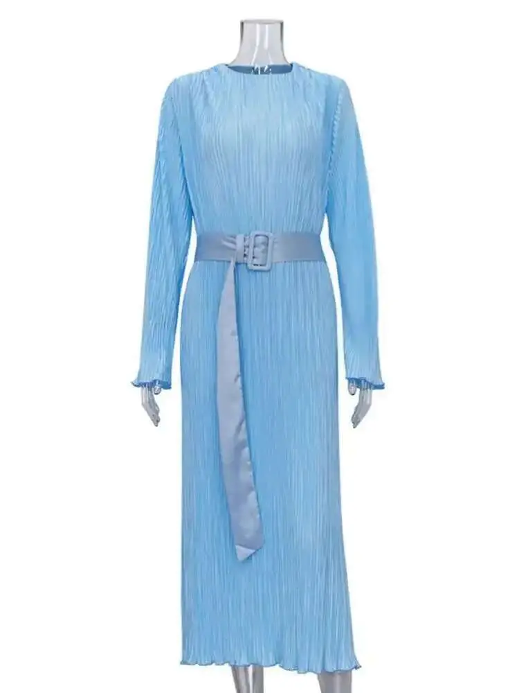 LANMREM Long Sleeve Belt Pleated Dress Women Temperament Round Neck Solid Color Female Evening Clothing 2025 Spring New 2DB2159
