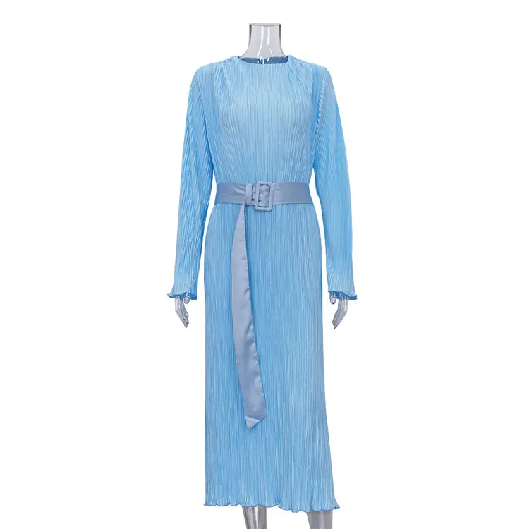 LANMREM Long Sleeve Belt Pleated Dress Women Temperament Round Neck Solid Color Female Evening Clothing 2025 Spring New 2DB2159