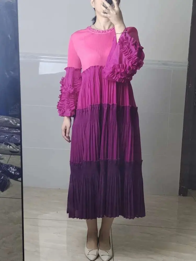 LANMREM Pleated Ruffle Dress For Women Round Neck Flare Sleeves Color Block Fashion Dresses Ladies Party Clothing New 2DB2320