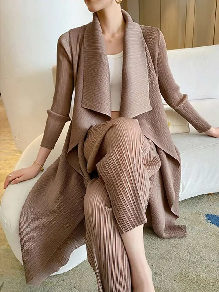 LANMREM Pleated Long Trench Thin Temperament Solid Color Big Lapel Open Stitch Coat Female Fashion Coat 2023 New Autumn 2C785