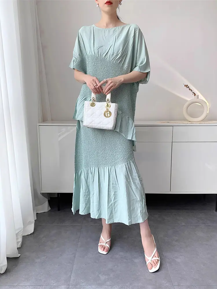 LANMREM Yellow Irregular Spliced Design Women's Pleated Two Pieces Set Short Sleeve T-shirt And High Waist Skirts Chic 2DB3418
