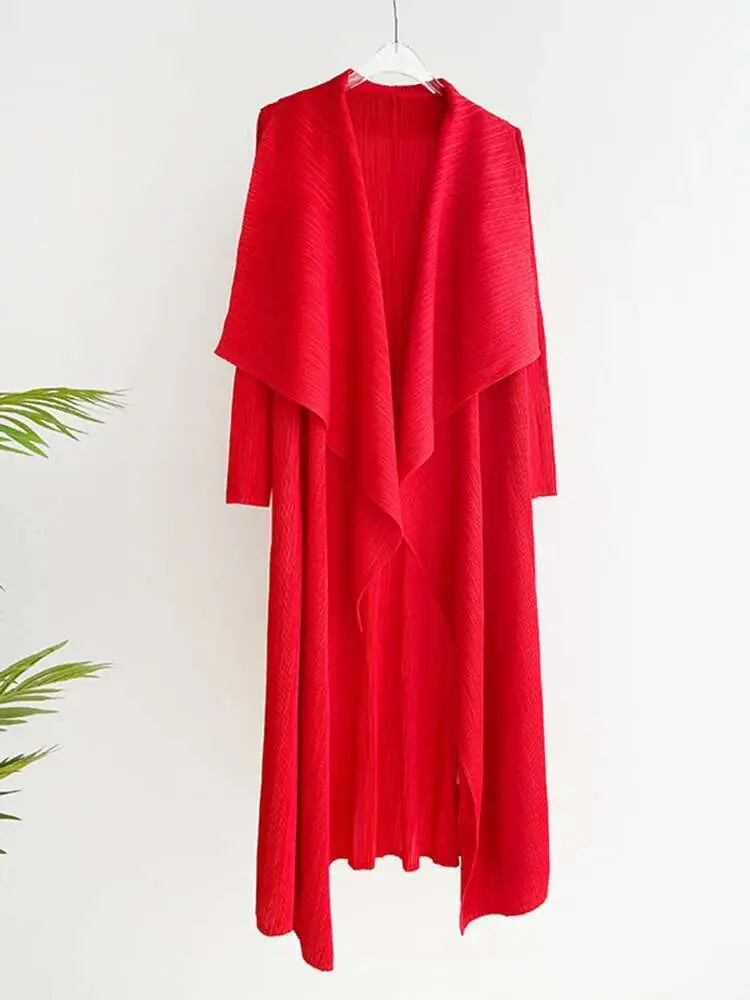 LANMREM Pleated Long Trench Thin Temperament Solid Color Big Lapel Open Stitch Coat Female Fashion Coat 2023 New Autumn 2C785