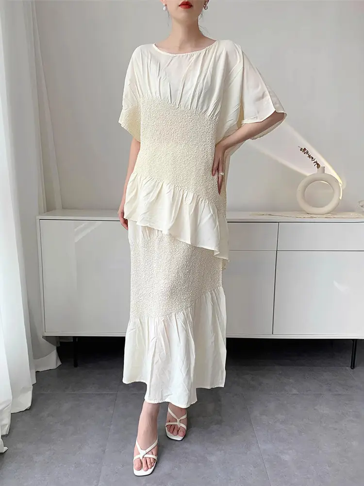 LANMREM Yellow Irregular Spliced Design Women's Pleated Two Pieces Set Short Sleeve T-shirt And High Waist Skirts Chic 2DB3418