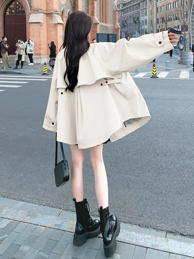 LANMREM Women's 2025 New Fashion Oversized Khaki Trench Loose Casual Korean Trendy Zipper Cloak Coat Long Sleeve Jakcets 2DB2716