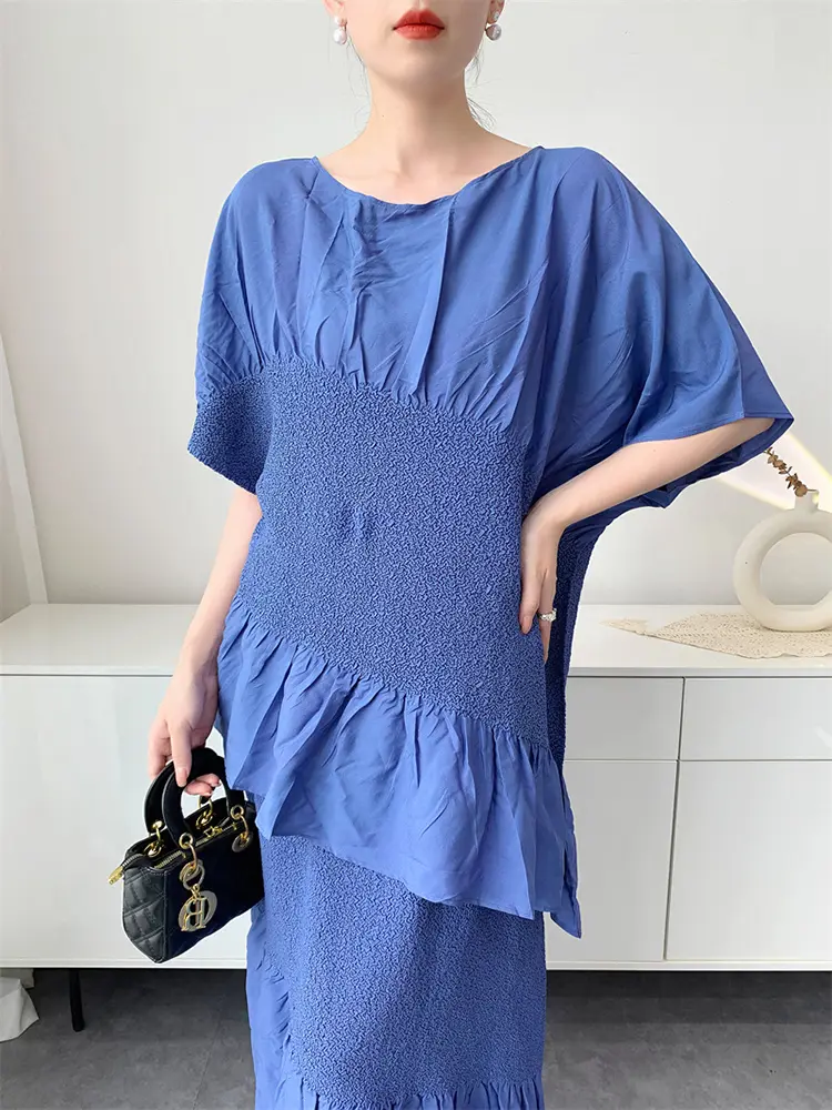 LANMREM Yellow Irregular Spliced Design Women's Pleated Two Pieces Set Short Sleeve T-shirt And High Waist Skirts Chic 2DB3418