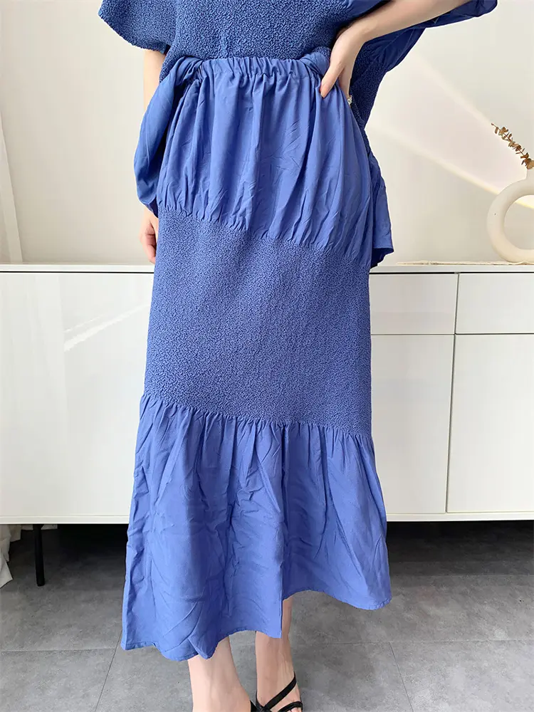 LANMREM Yellow Irregular Spliced Design Women's Pleated Two Pieces Set Short Sleeve T-shirt And High Waist Skirts Chic 2DB3418