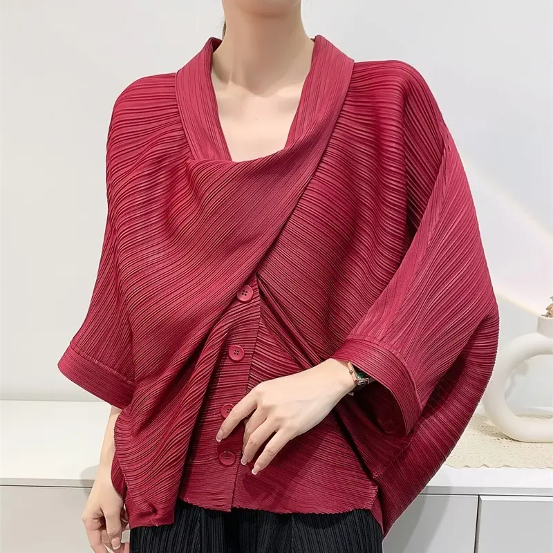 LANMREM Niche Crosee Design Summer Short Jacket Women's Pleated Top Loose Casual Three-Quarter Sleeve Scarf Collar Coats 2DB3973