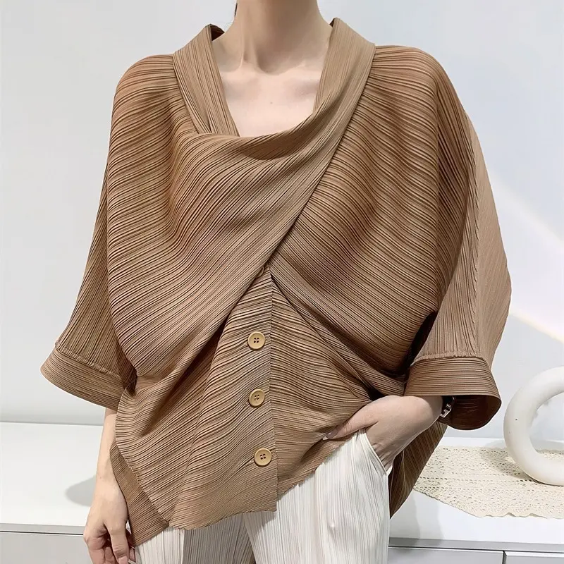 LANMREM Niche Crosee Design Summer Short Jacket Women's Pleated Top Loose Casual Three-Quarter Sleeve Scarf Collar Coats 2DB3973