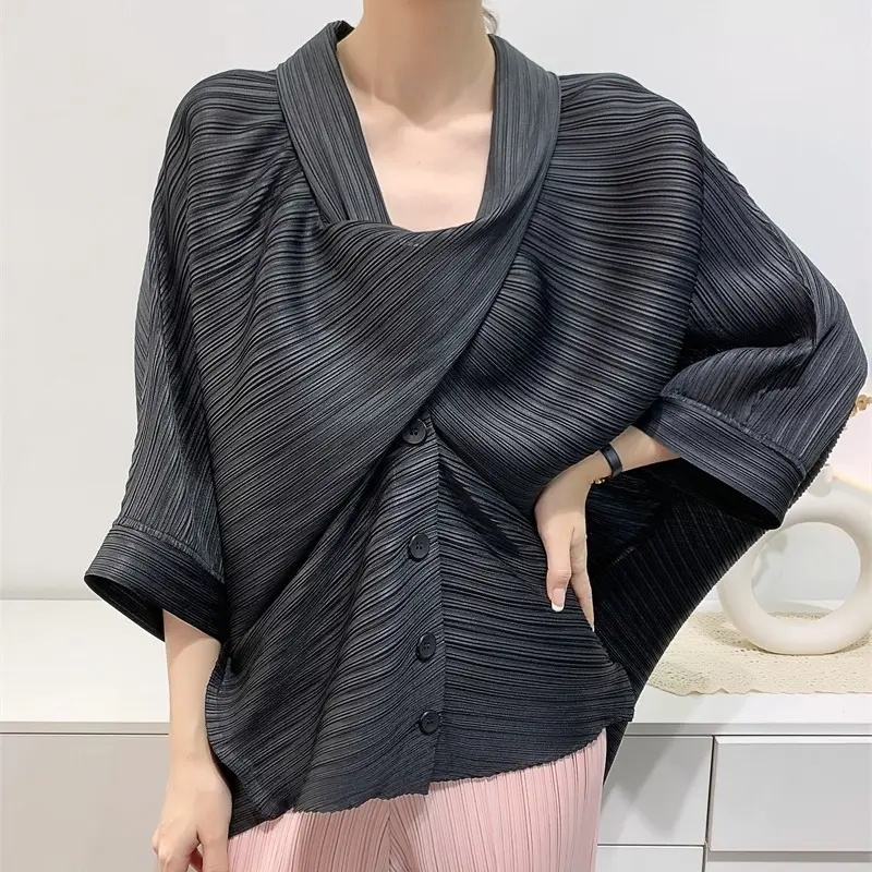 LANMREM Niche Crosee Design Summer Short Jacket Women's Pleated Top Loose Casual Three-Quarter Sleeve Scarf Collar Coats 2DB3973