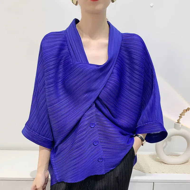 LANMREM Niche Crosee Design Summer Short Jacket Women's Pleated Top Loose Casual Three-Quarter Sleeve Scarf Collar Coats 2DB3973