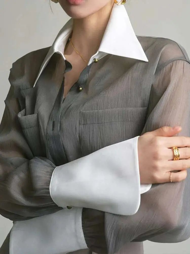 LANMREM Sunscreen Shirt With Sling Top Women Lapel Single Breasted Long Sleeves Stitching Loose Clothes 2024 Summer New 2YA2353