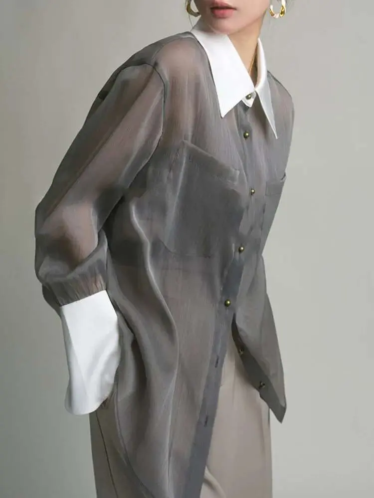 LANMREM Sunscreen Shirt With Sling Top Women Lapel Single Breasted Long Sleeves Stitching Loose Clothes 2024 Summer New 2YA2353