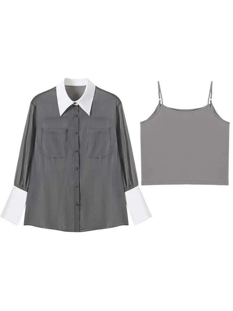 LANMREM Sunscreen Shirt With Sling Top Women Lapel Single Breasted Long Sleeves Stitching Loose Clothes 2024 Summer New 2YA2353