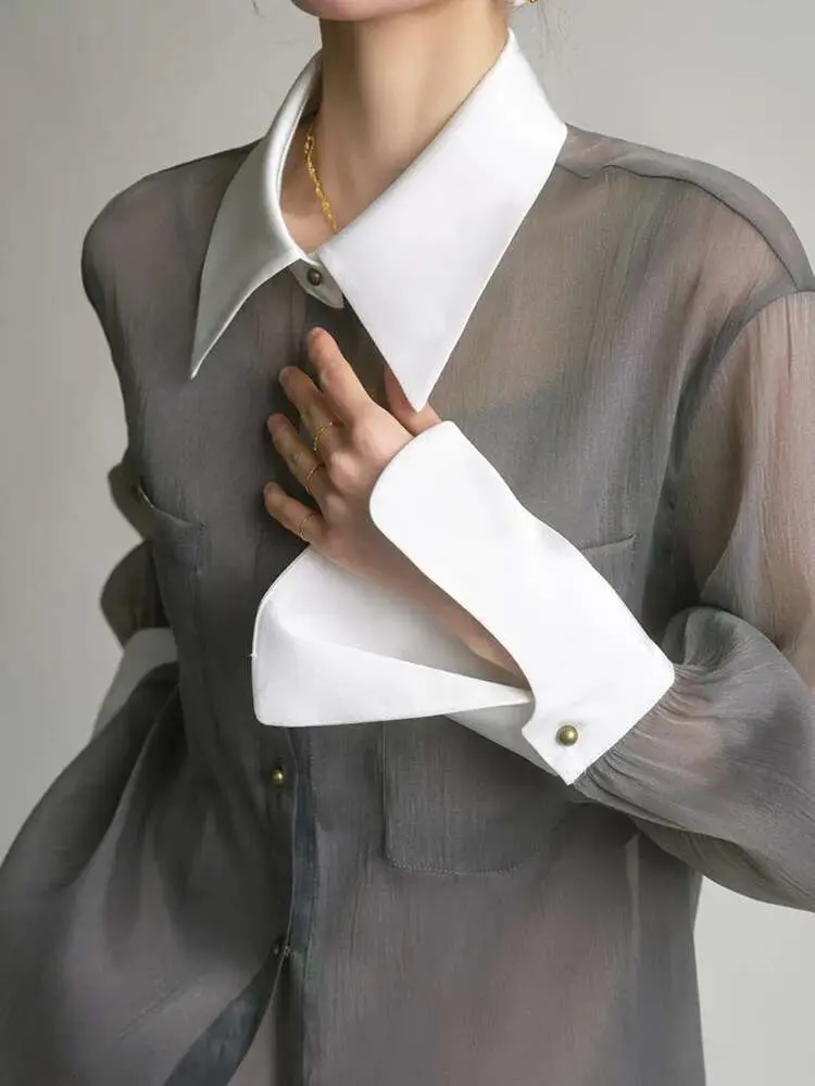 LANMREM Sunscreen Shirt With Sling Top Women Lapel Single Breasted Long Sleeves Stitching Loose Clothes 2024 Summer New 2YA2353
