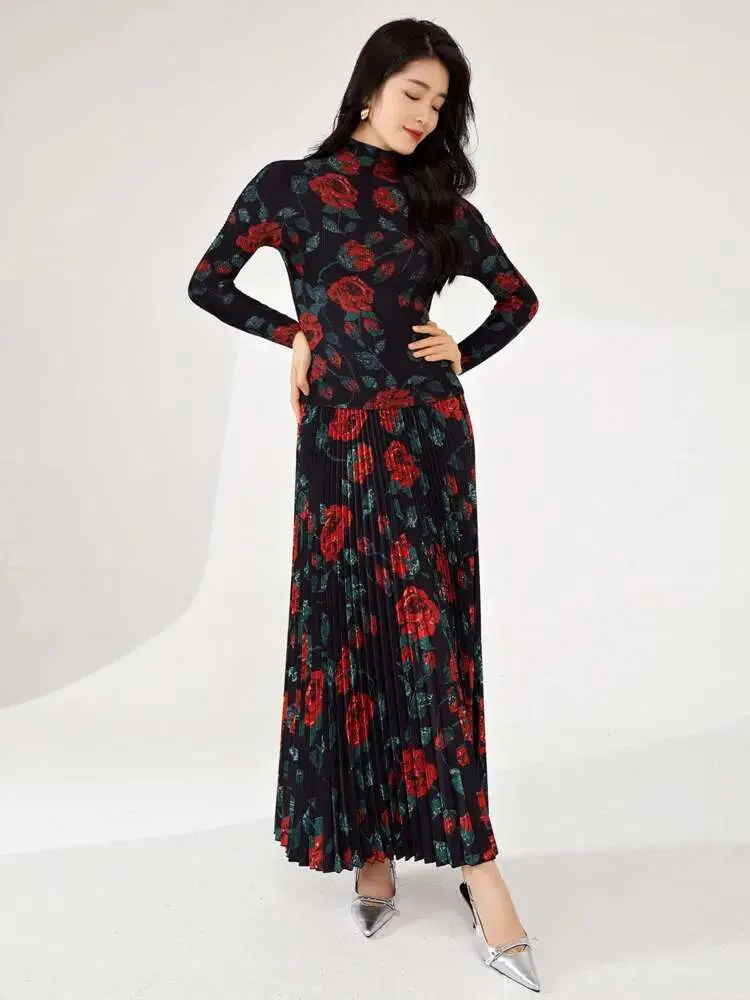 LANMREM Flower Print Sets For Women Pleated T-shirt Long Sleeves With A Line Skirts Elegant Clothing 2025 Summer New 2DA6510