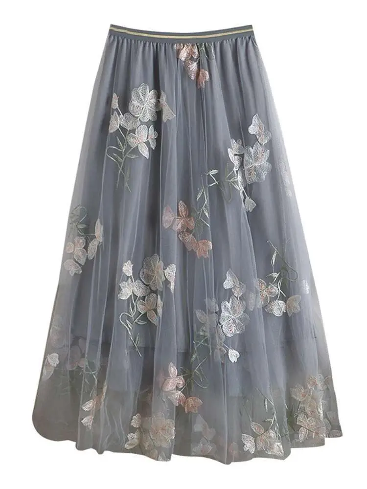 LANMREM Embroidered Flowers Double Gauze Skirts Women's Fashion 2025 Spring Summer High Waist Temperament Versatile Skirt 2DE552