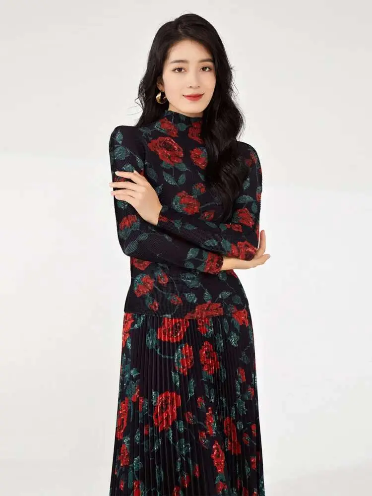 LANMREM Flower Print Sets For Women Pleated T-shirt Long Sleeves With A Line Skirts Elegant Clothing 2025 Summer New 2DA6510