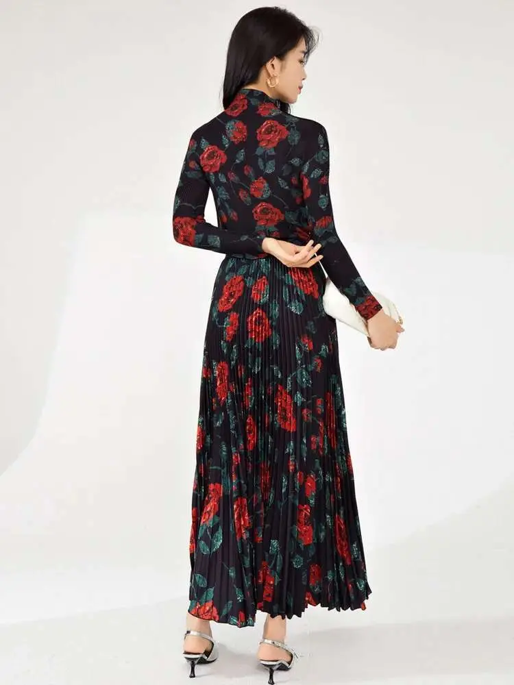LANMREM Flower Print Sets For Women Pleated T-shirt Long Sleeves With A Line Skirts Elegant Clothing 2025 Summer New 2DA6510