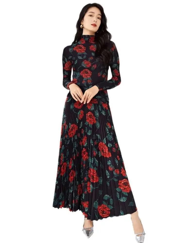LANMREM Flower Print Sets For Women Pleated T-shirt Long Sleeves With A Line Skirts Elegant Clothing 2025 Summer New 2DA6510