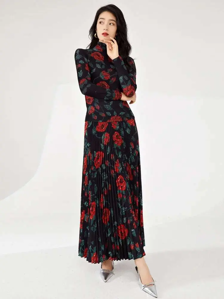 LANMREM Flower Print Sets For Women Pleated T-shirt Long Sleeves With A Line Skirts Elegant Clothing 2025 Summer New 2DA6510