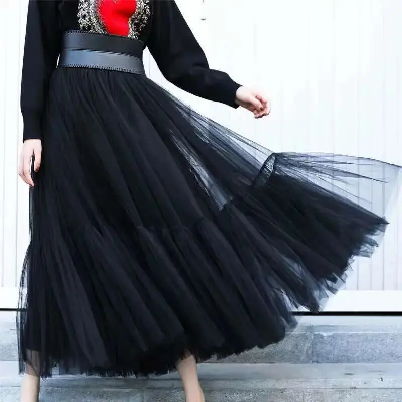 LANMREM Women's Long Trailing Skirt Mesh Puffy High-end Spliced High Waisted A-line Layers Skirts Party Wedding Clothing 2DB1935