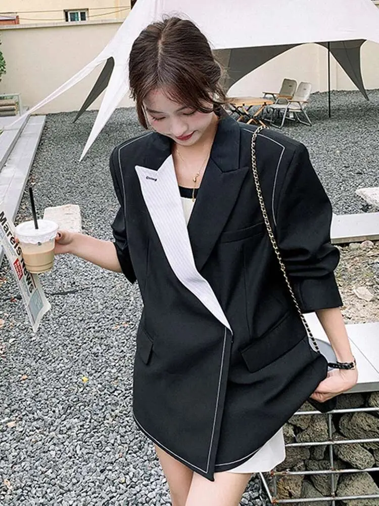 LANMREM Colorblock Spliced Blazer For Women Notched Collar Long Sleeves Single Button Casual Suit Coat 2025 Chic New 2AA2393