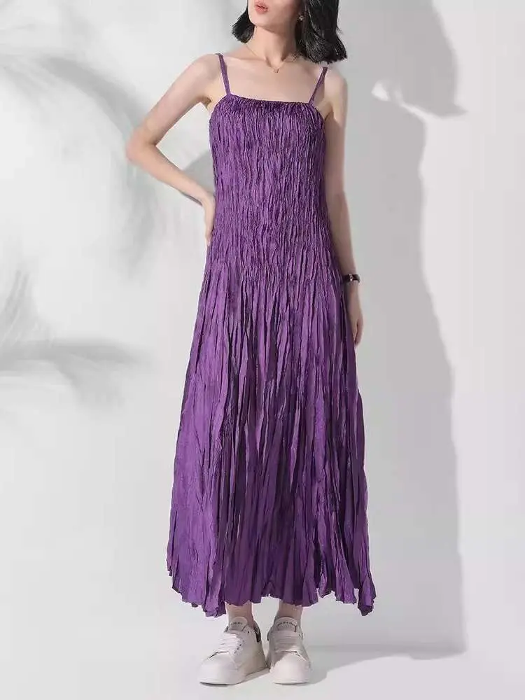LANMREM Fashion Handmade Strap Dress For Women High Waist Solid Color Pleated Sling Long Dresses Female 2024 Summer New 2DA8415