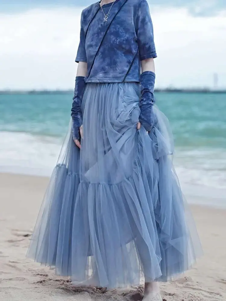 LANMREM Women's Long Trailing Skirt Mesh Puffy High-end Spliced High Waisted A-line Layers Skirts Party Wedding Clothing 2DB1935
