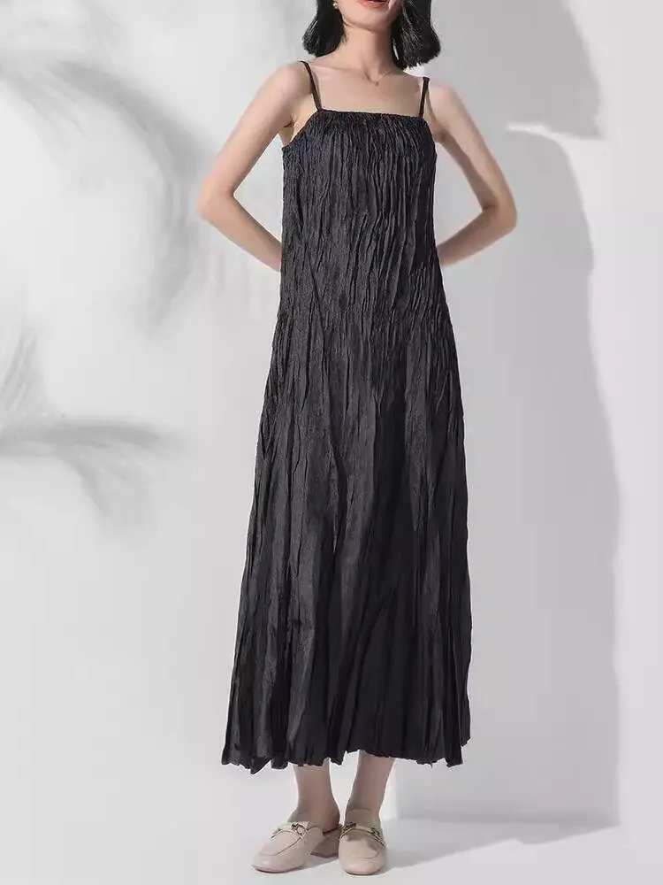 LANMREM Fashion Handmade Strap Dress For Women High Waist Solid Color Pleated Sling Long Dresses Female 2024 Summer New 2DA8415