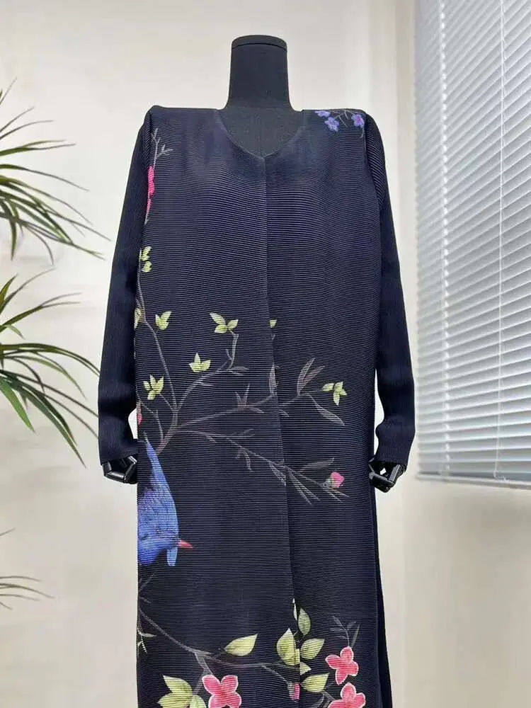 LANMREM Elegant Pleated Print Trench Womne's O-neck Long Sleeves Casual Windbreaker 2024 Female Autumn New Clothing 2Z2263